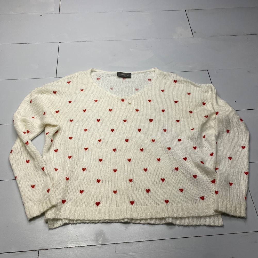 Wooden Ships Heart Mohair Wool Blend V-Neck Sweater White Red Small/Medium
